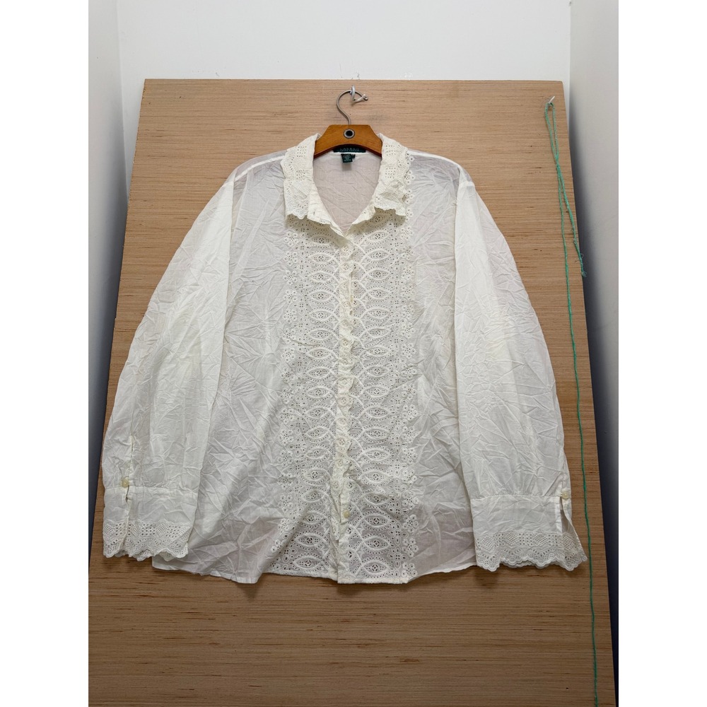 Lauren Ralph Lauren White Eyelet Lace Cotton Button Down Shirt 22W Plus Size